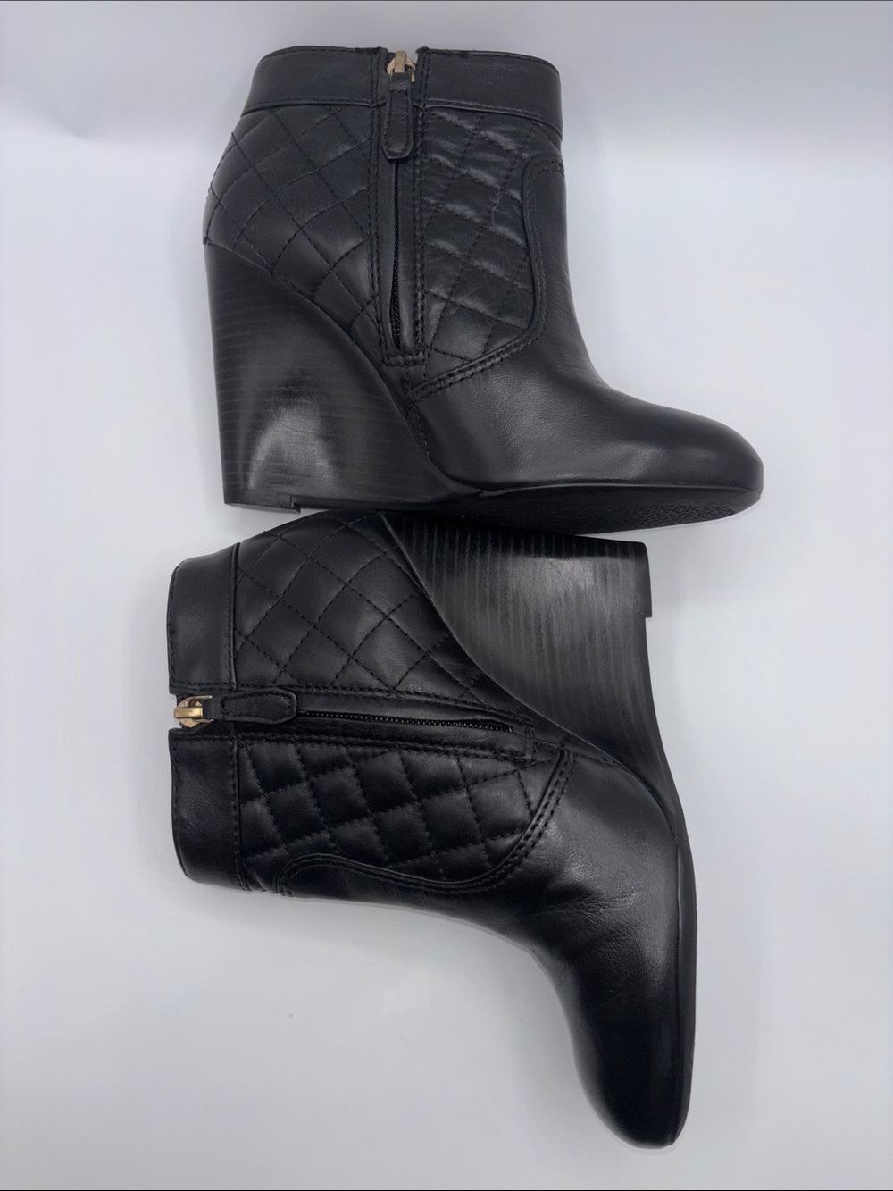 Tory Burch Black Quilted Leather Wedge Booties with Gold Logo - Picture 6 of 12